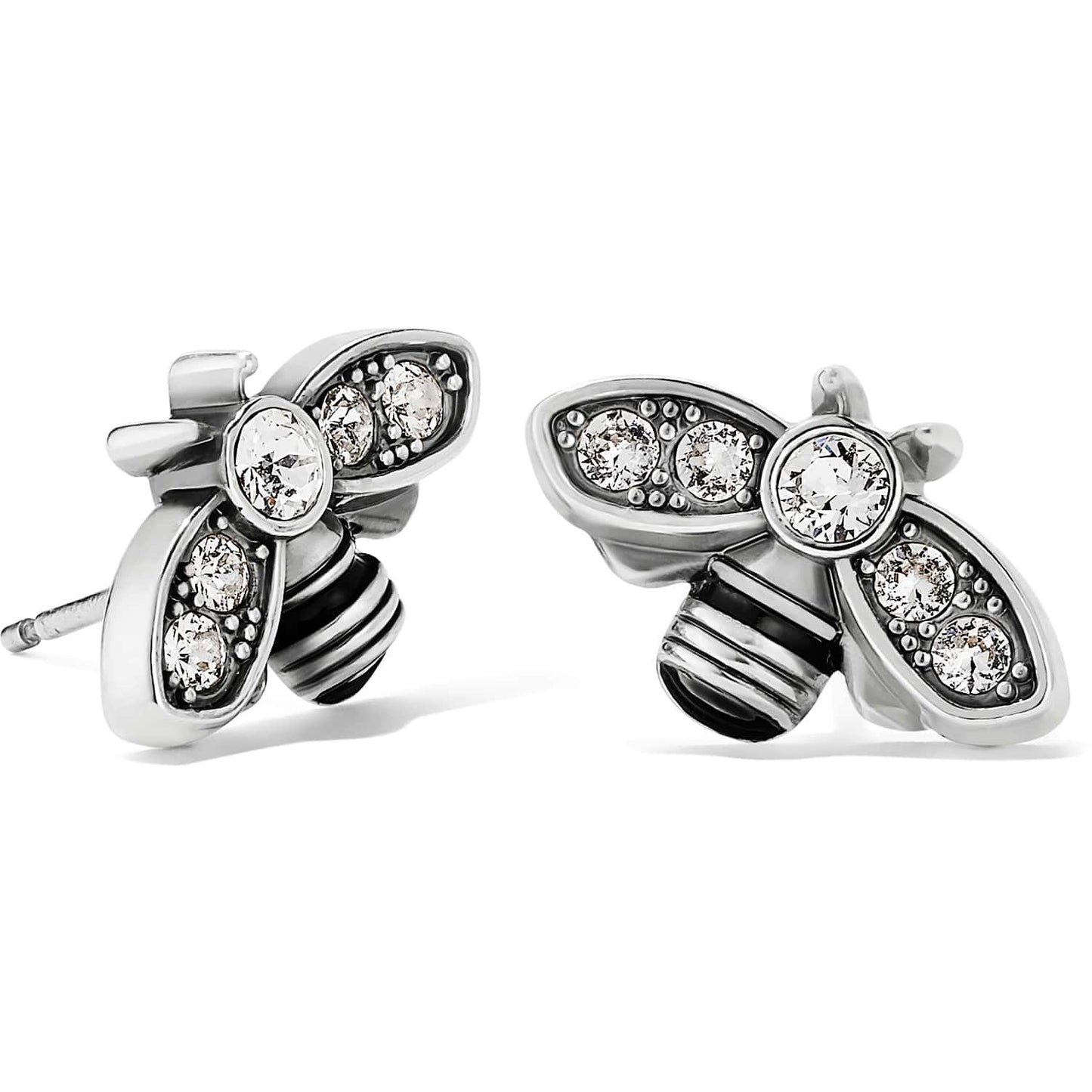 Brighton bee stud earrings with silver-plated finish and crystal-accented wings shown from two angles on a white background