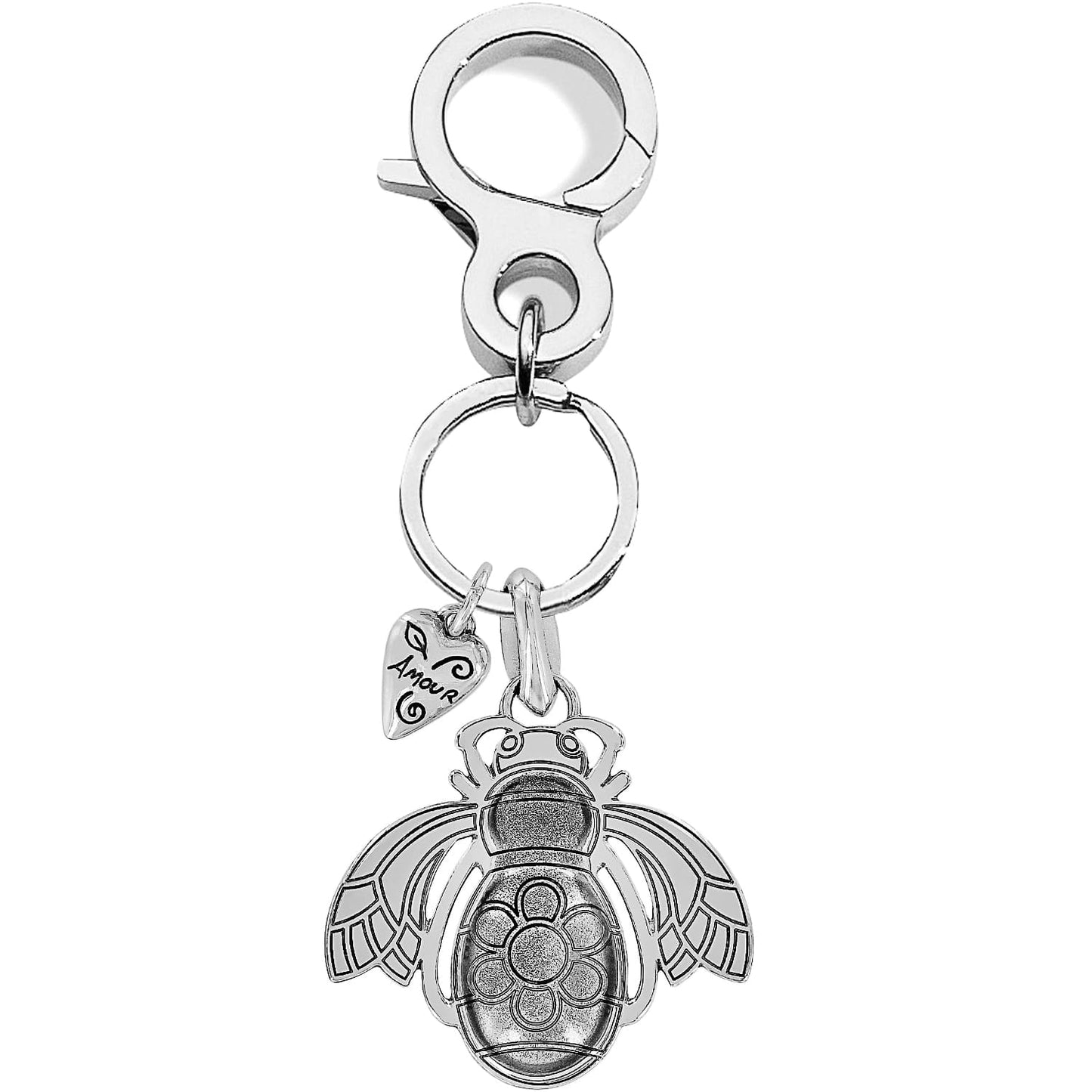 Brighton key fob with silver-tone bee charm, flower detail, heart tag, and lobster clasp on a white background
