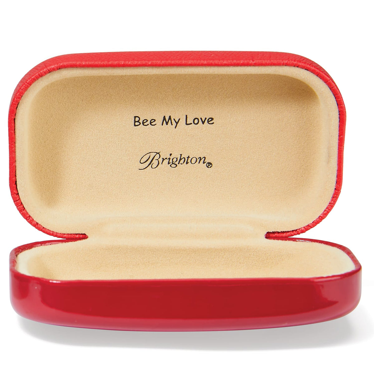 Brighton red leather case shown open with beige suede interior and Bee My Love inscription on a white background