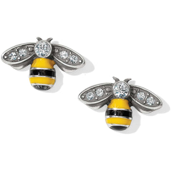 Brighton bee stud earrings with silver-plated wings, crystal accents, and yellow and black enamel bodies on a white background