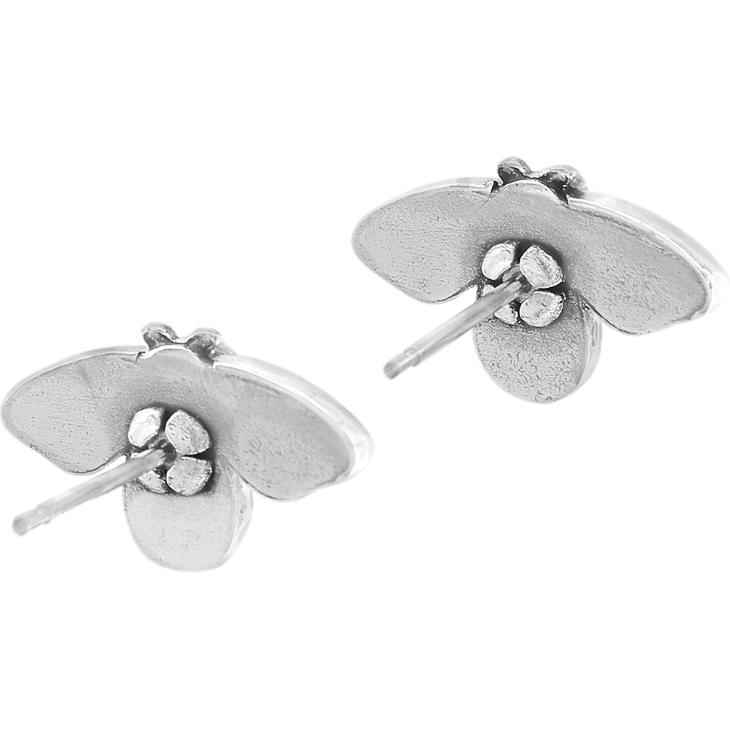 Brighton stud earrings shown from the back with silver-plated floral petal design and posts on a white background
