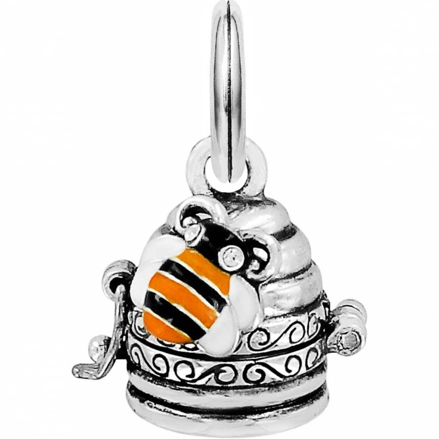 Brighton beehive charm with silver-plated finish and orange black enamel bee accent on a white background