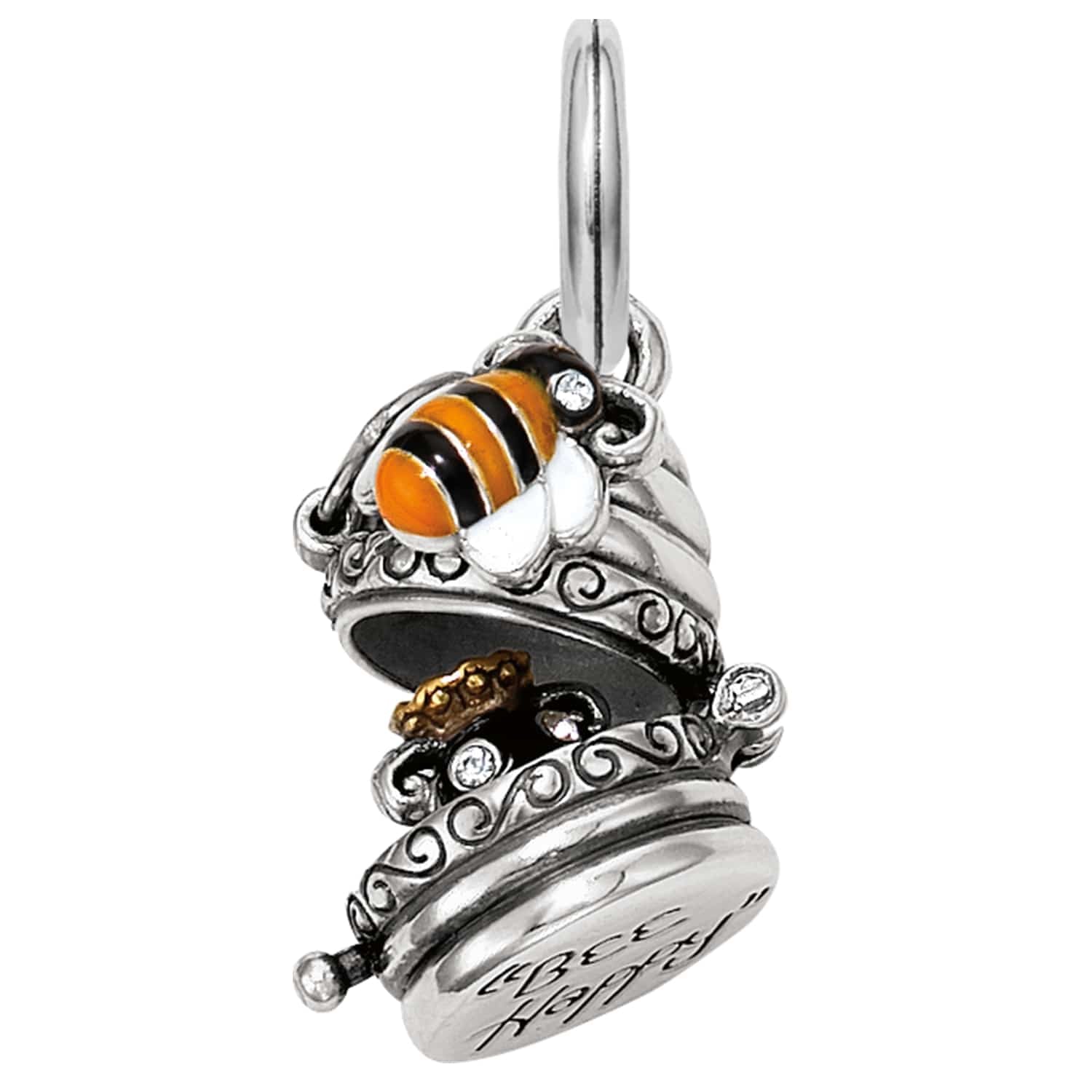 Brighton beehive charm shown open with enamel bee, crystal accents, and silver-plated scrollwork finish on a white background