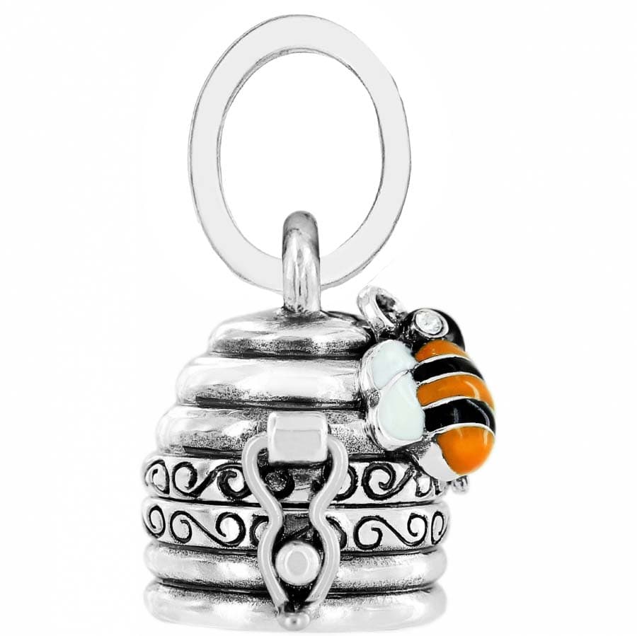 Brighton beehive charm with silver-plated scrollwork, orange and black enamel bee, and crystal accent on a white background