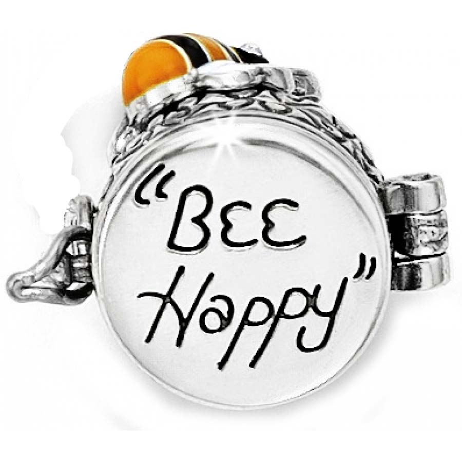 Brighton charm with silver-plated round "Bee Happy" engraving and orange striped bee accent on a white background