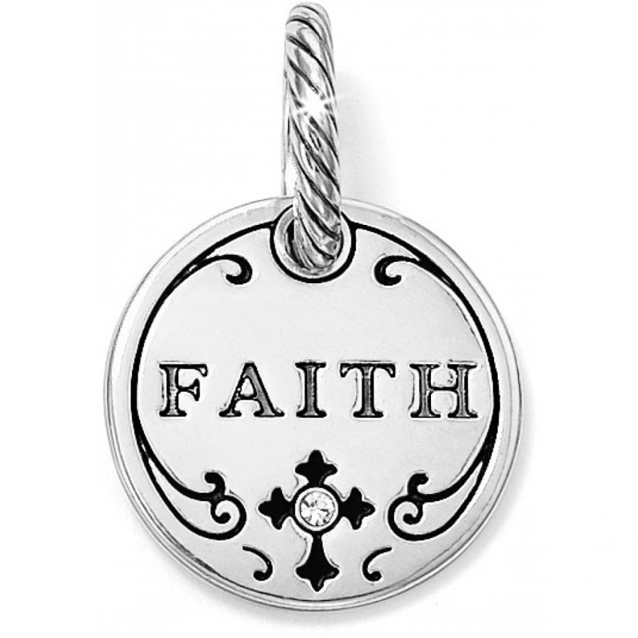 Brighton charm with silver-plated round pendant featuring engraved FAITH text, cross motif, and crystal accent on a white background