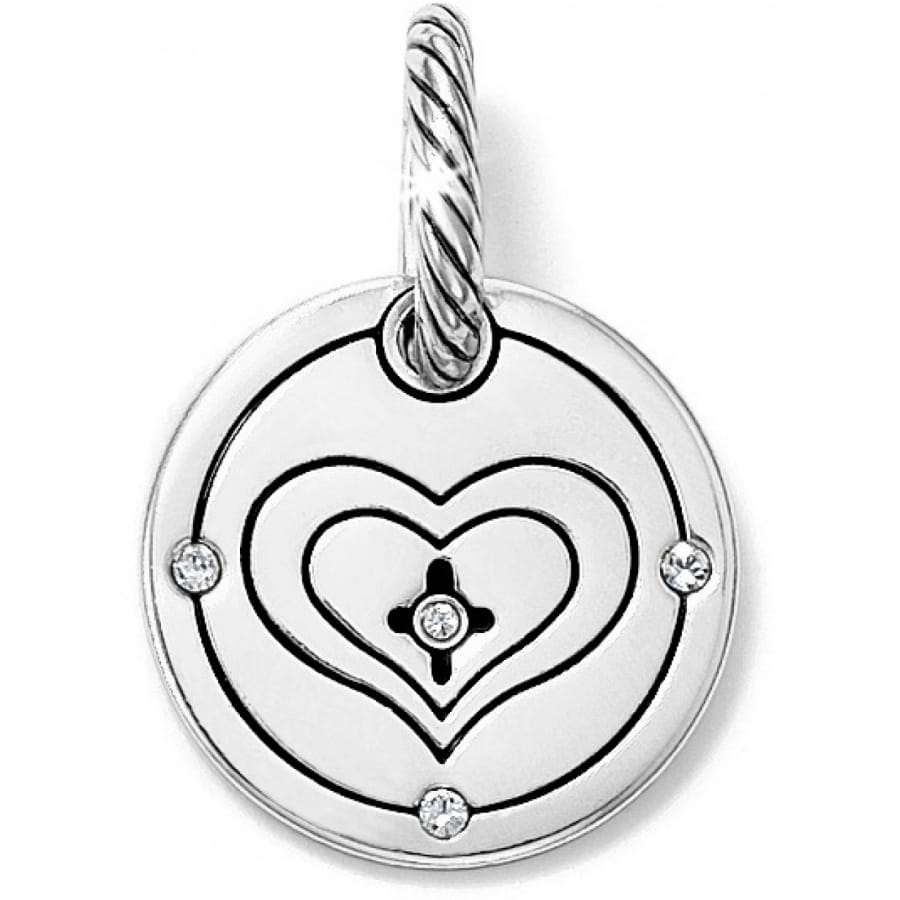 Brighton silver-plated charm with concentric heart design, crystal accents, and rope-textured bail on a white background