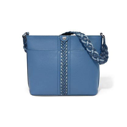 Brighton blue leather handbag with woven braid detail and braided shoulder strap on a white background
