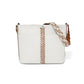 Brighton white leather handbag with brown woven center detail and braided two-tone shoulder strap on a white background