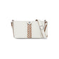Brighton white leather crossbody handbag with brown braided center panel and adjustable strap on a white background