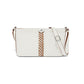 Brighton crossbody handbag in white with brown braided leather center detail and adjustable strap on a white background