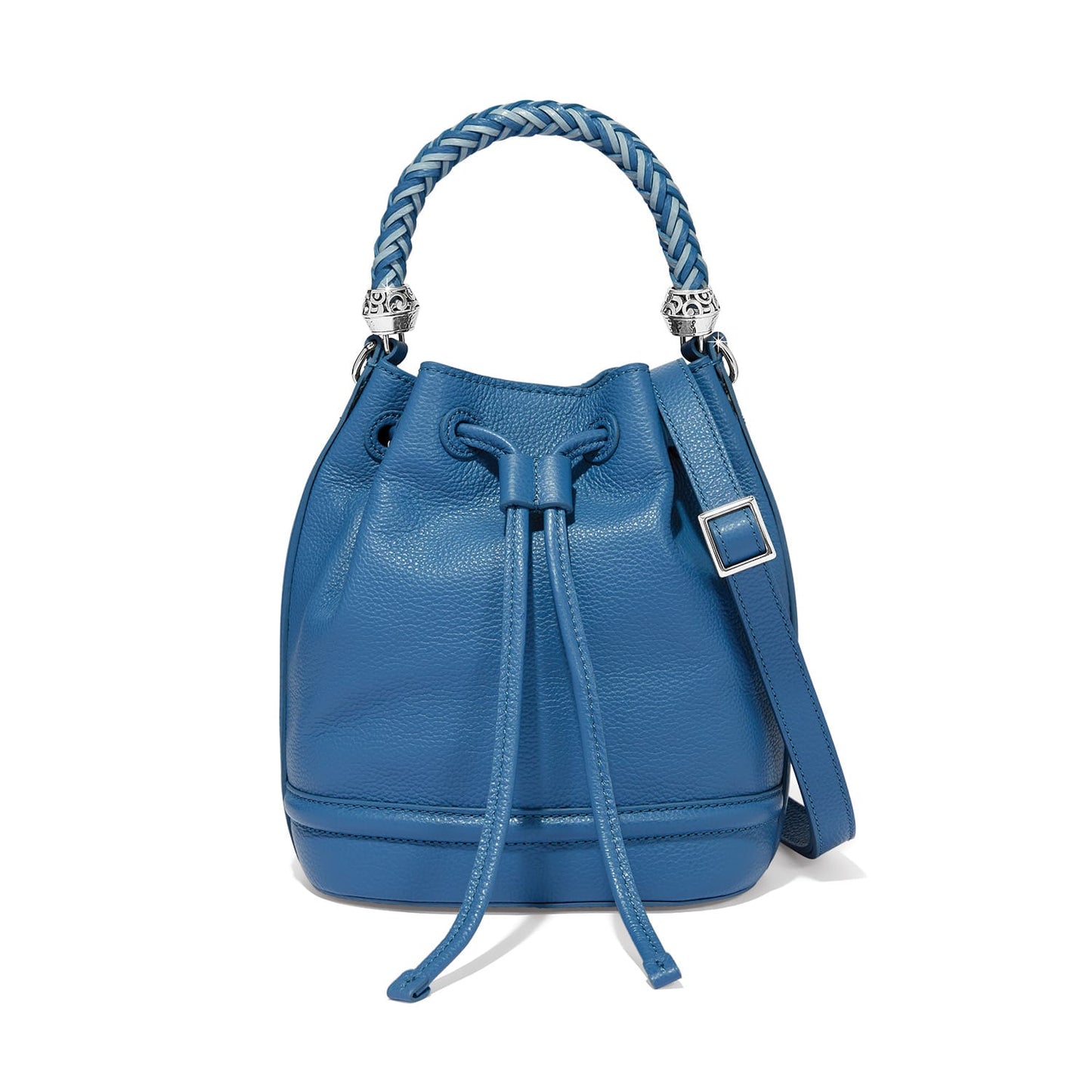 Brighton blue leather bucket handbag with braided top handle, drawstring closure, and silver-tone accents on a white background