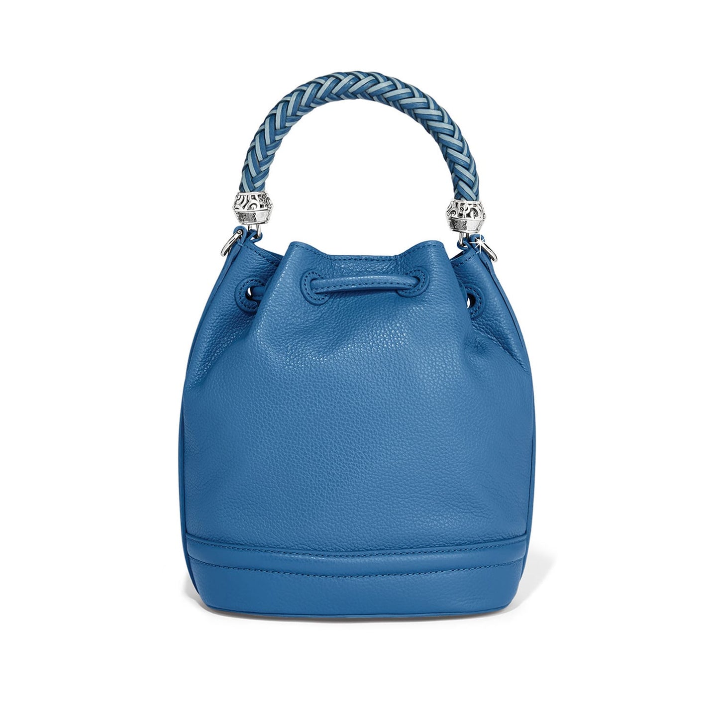 Brighton blue leather bucket handbag with braided top handle, drawstring closure, and silver-tone accents on a white background
