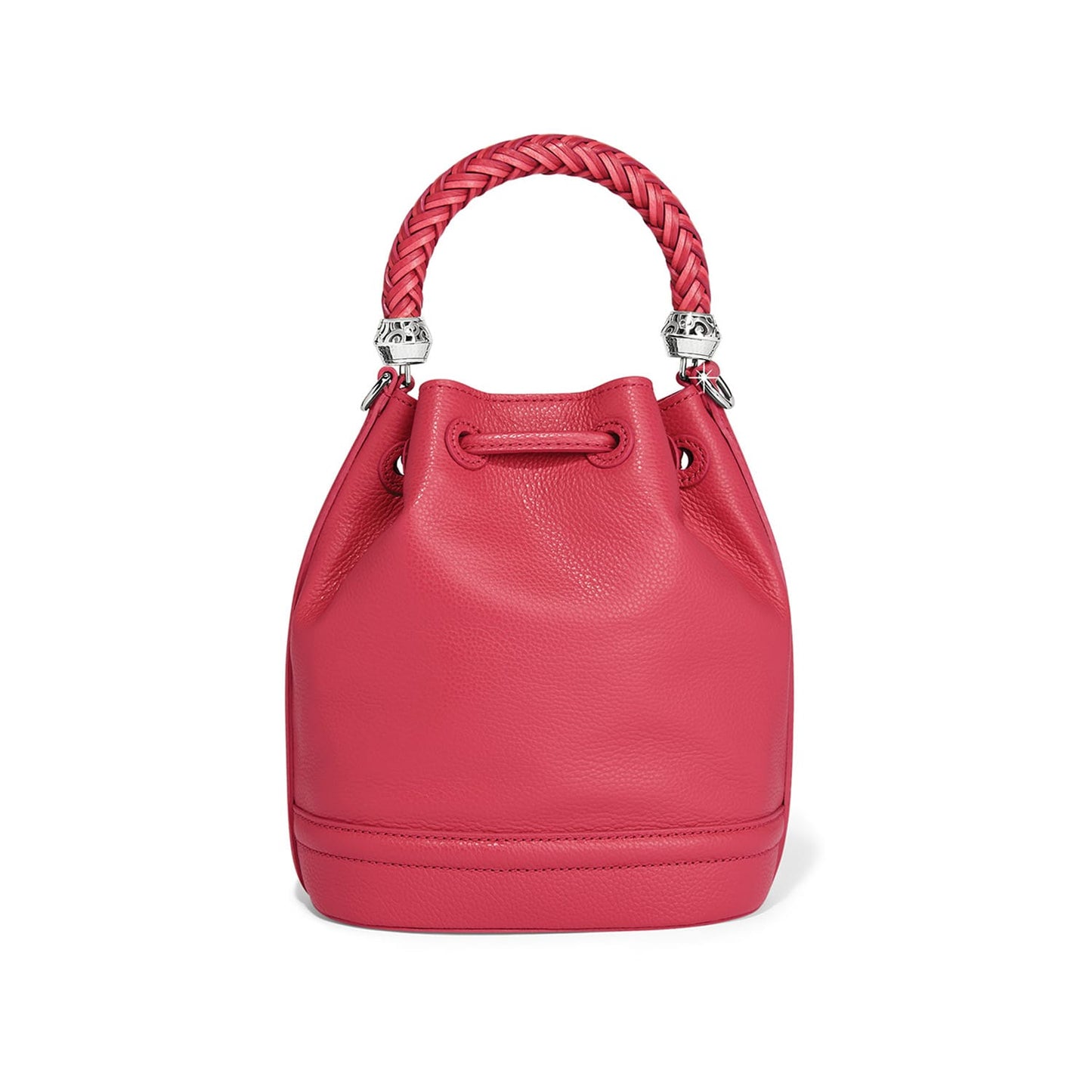 Brighton bucket handbag in pink leather with braided top handle, drawstring closure, and silver-tone accents on a white background