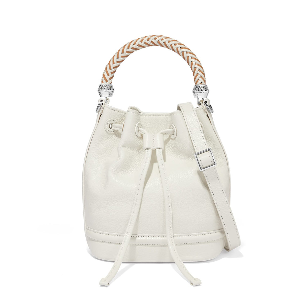 Brighton bucket handbag in white leather with braided top handle, drawstring closure, and adjustable crossbody strap on a white background