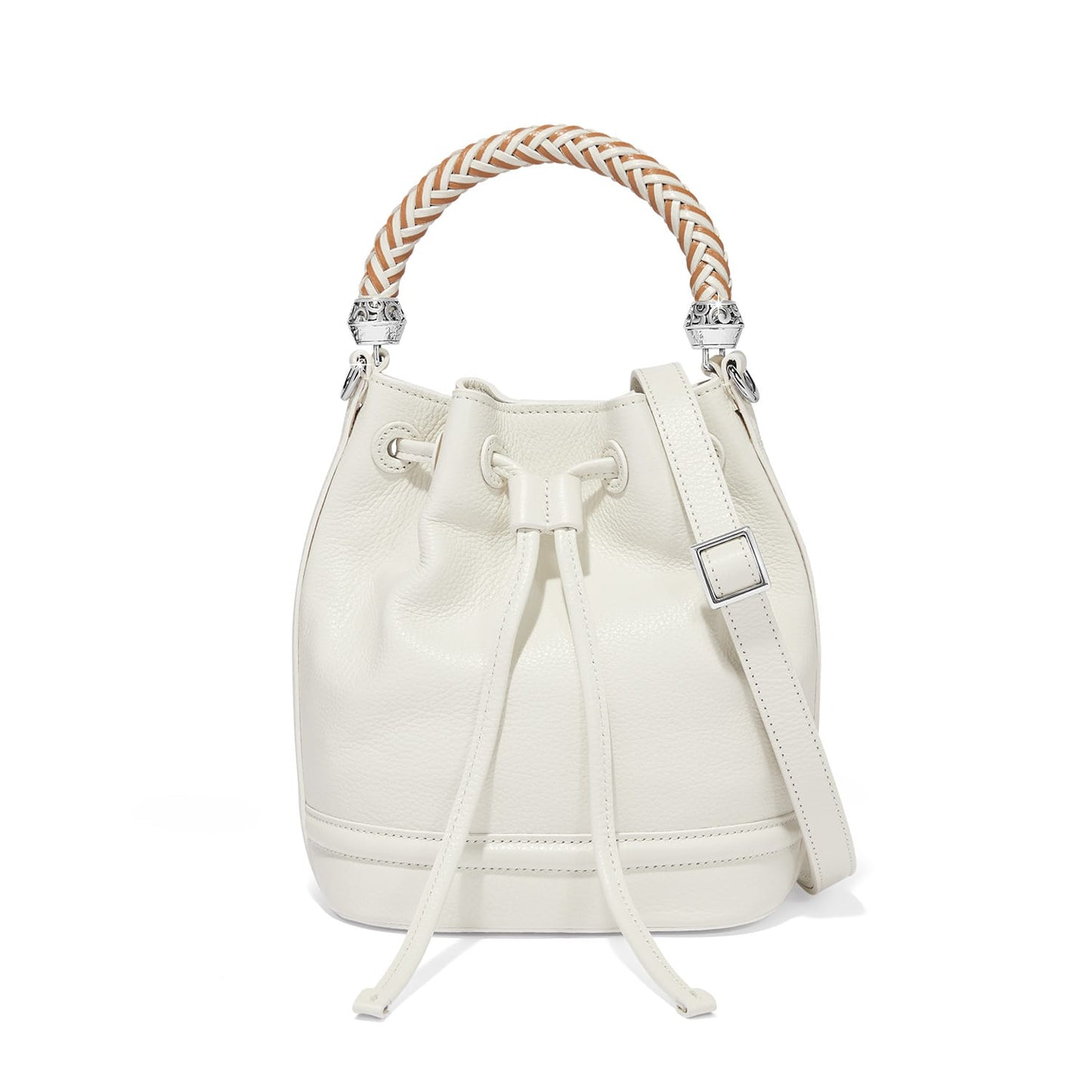 Brighton bucket handbag in white leather with braided top handle, drawstring closure, and adjustable crossbody strap on a white background