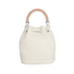 Brighton bucket handbag in cream leather with braided two-tone top handle and silver-tone accents on a white background