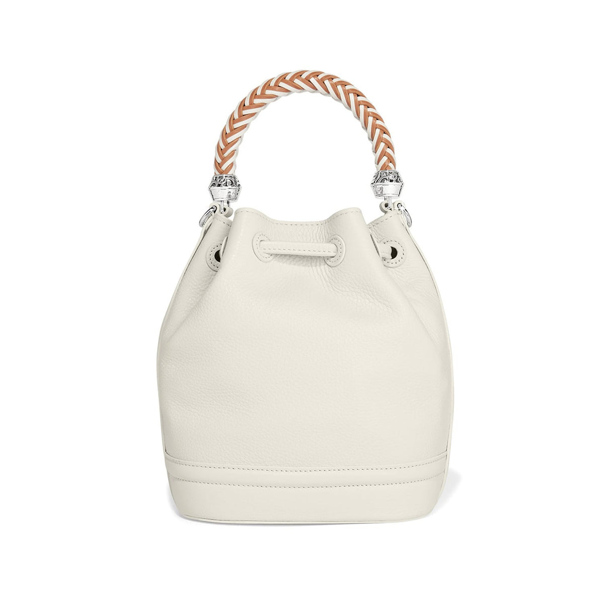 Brighton bucket handbag in cream leather with braided two-tone top handle and silver-tone accents on a white background