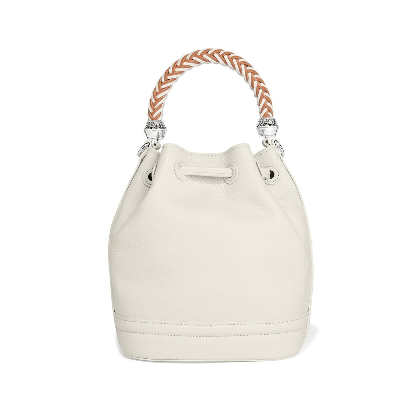 Brighton bucket handbag in cream leather with braided two-tone top handle and silver-tone accents on a white background