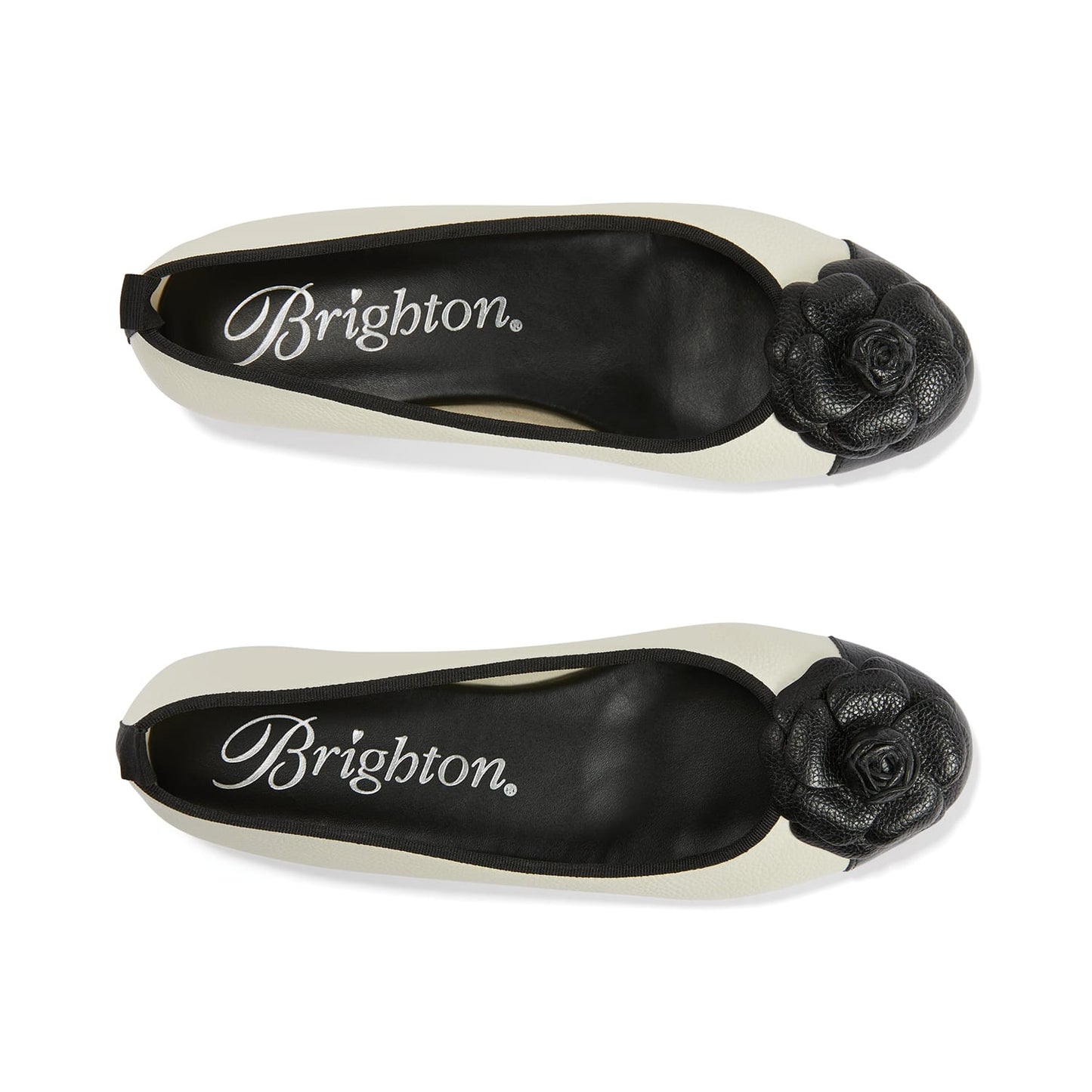 Brighton ballet flats in cream leather with black rosette toe caps and black trim on a white background