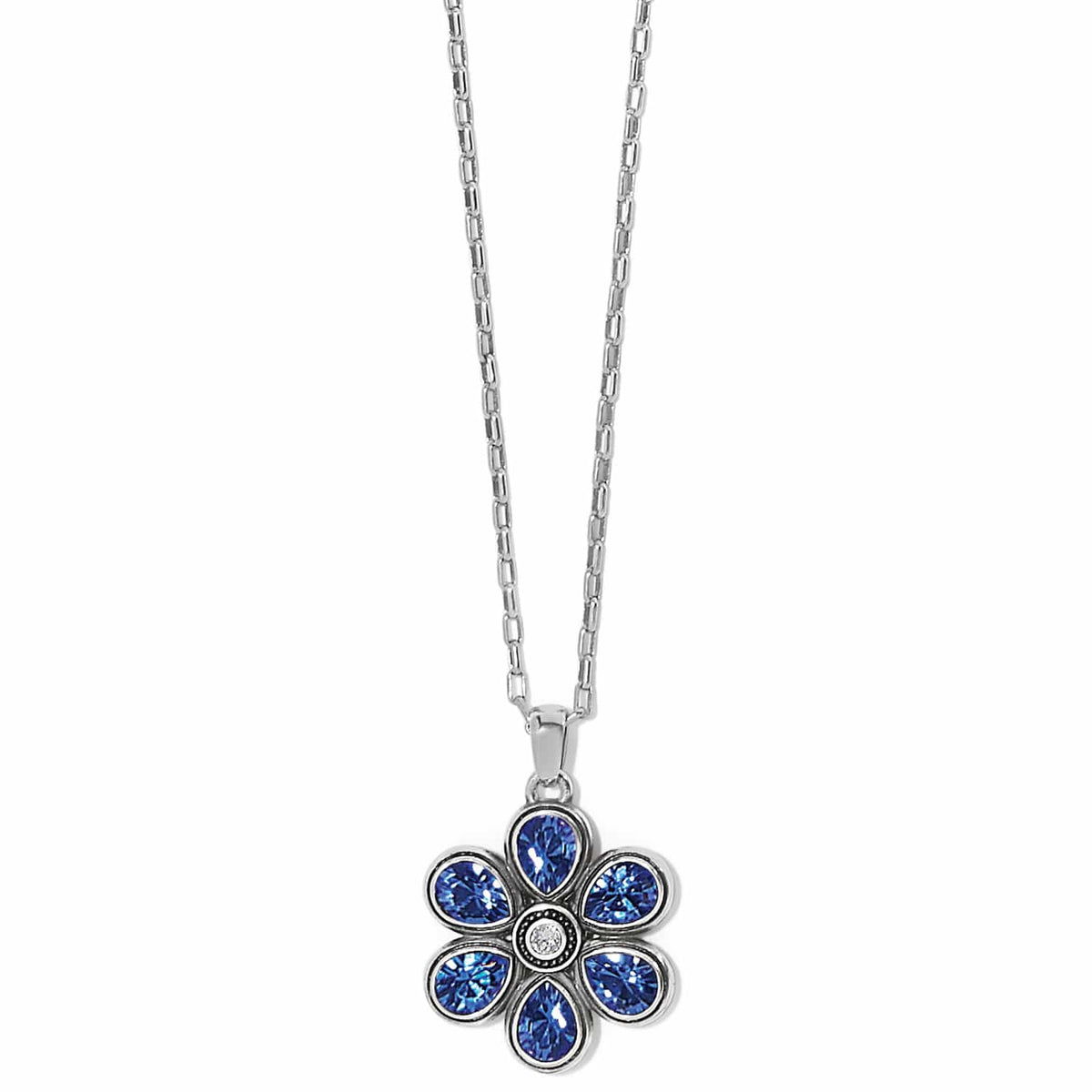 Brighton pendant necklace with blue crystal flower and silver-plated chain on a white background