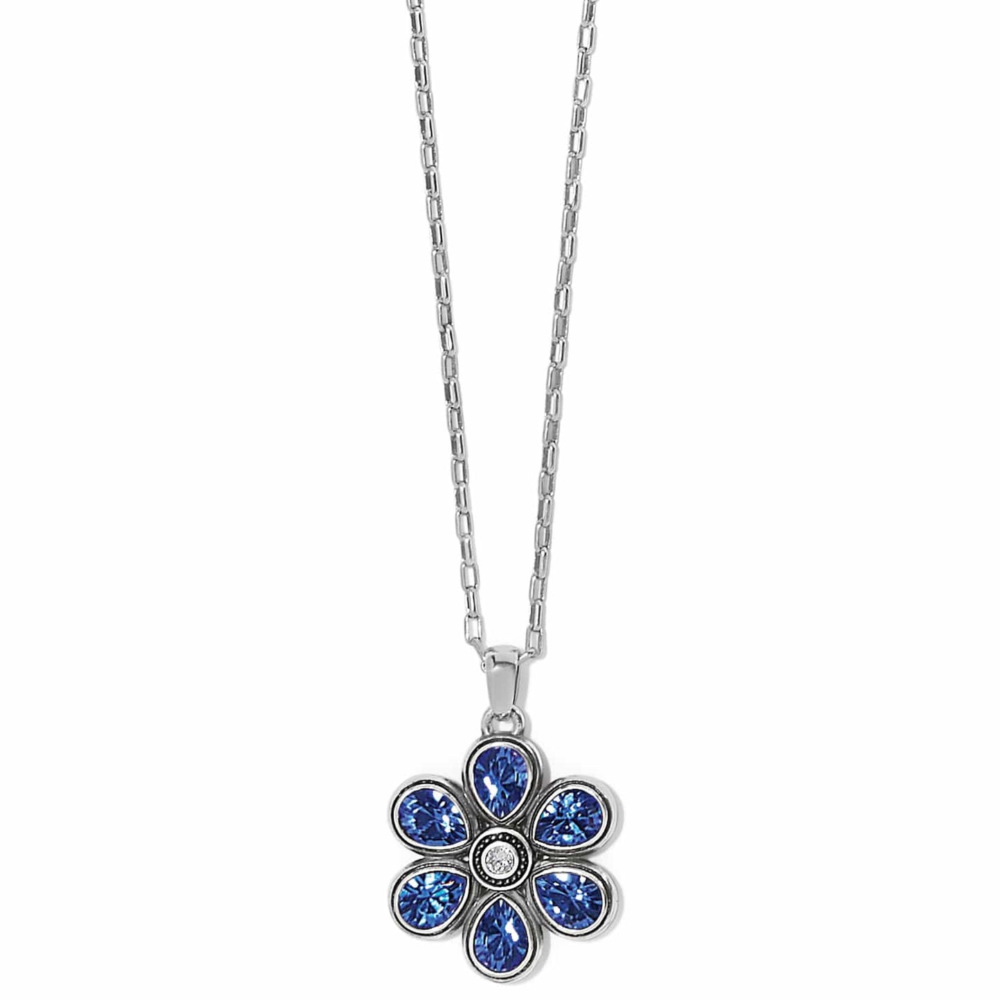 Brighton pendant necklace with blue crystal flower and silver-plated chain on a white background