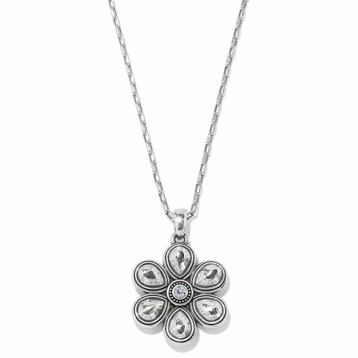 Brighton pendant necklace with silver-plated hammered flower design and crystal center on a white background
