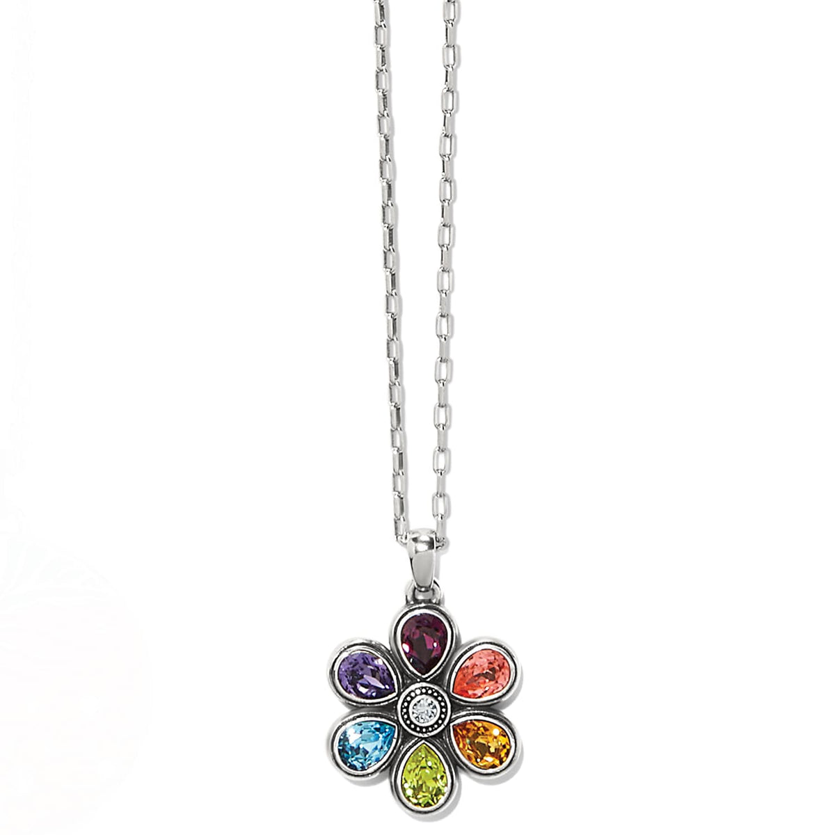 Brighton pendant necklace with silver-plated flower featuring multicolored crystal petals and chain on a white background