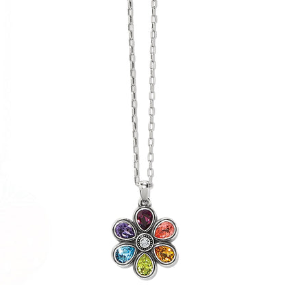 Brighton pendant necklace with silver-plated flower featuring multicolored crystal petals and chain on a white background