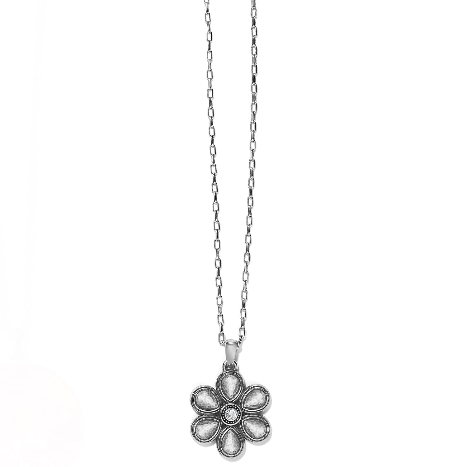 Brighton pendant necklace with silver-plated hammered flower and crystal center on delicate chain on a white background