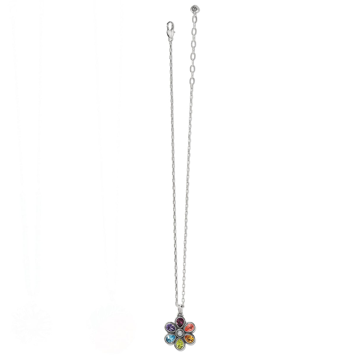 Brighton pendant necklace with silver-plated chain and multicolored crystal flower charm on a white background