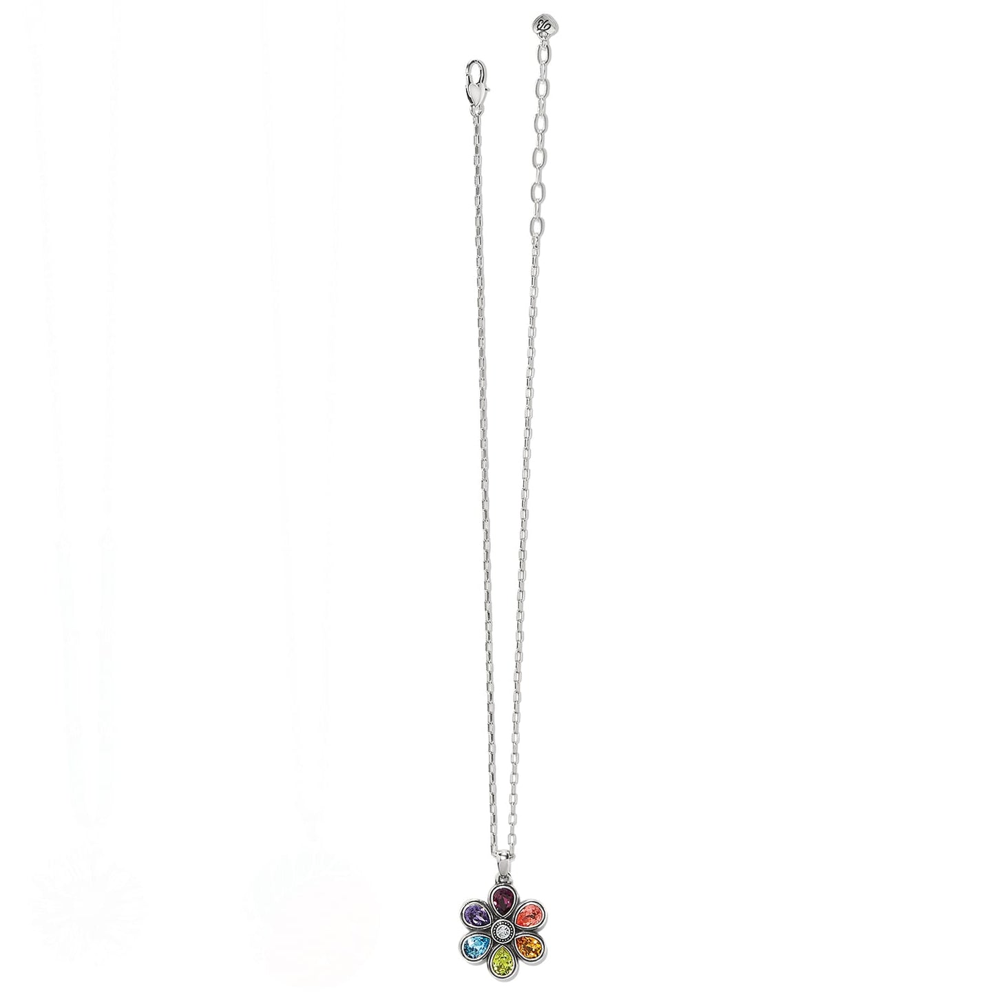 Brighton pendant necklace with silver-plated chain and multicolored crystal flower charm on a white background
