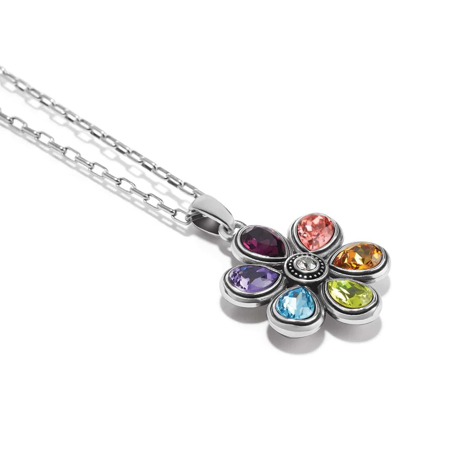 Brighton pendant necklace with silver-plated flower featuring multicolored crystal petals and chain link on a white background