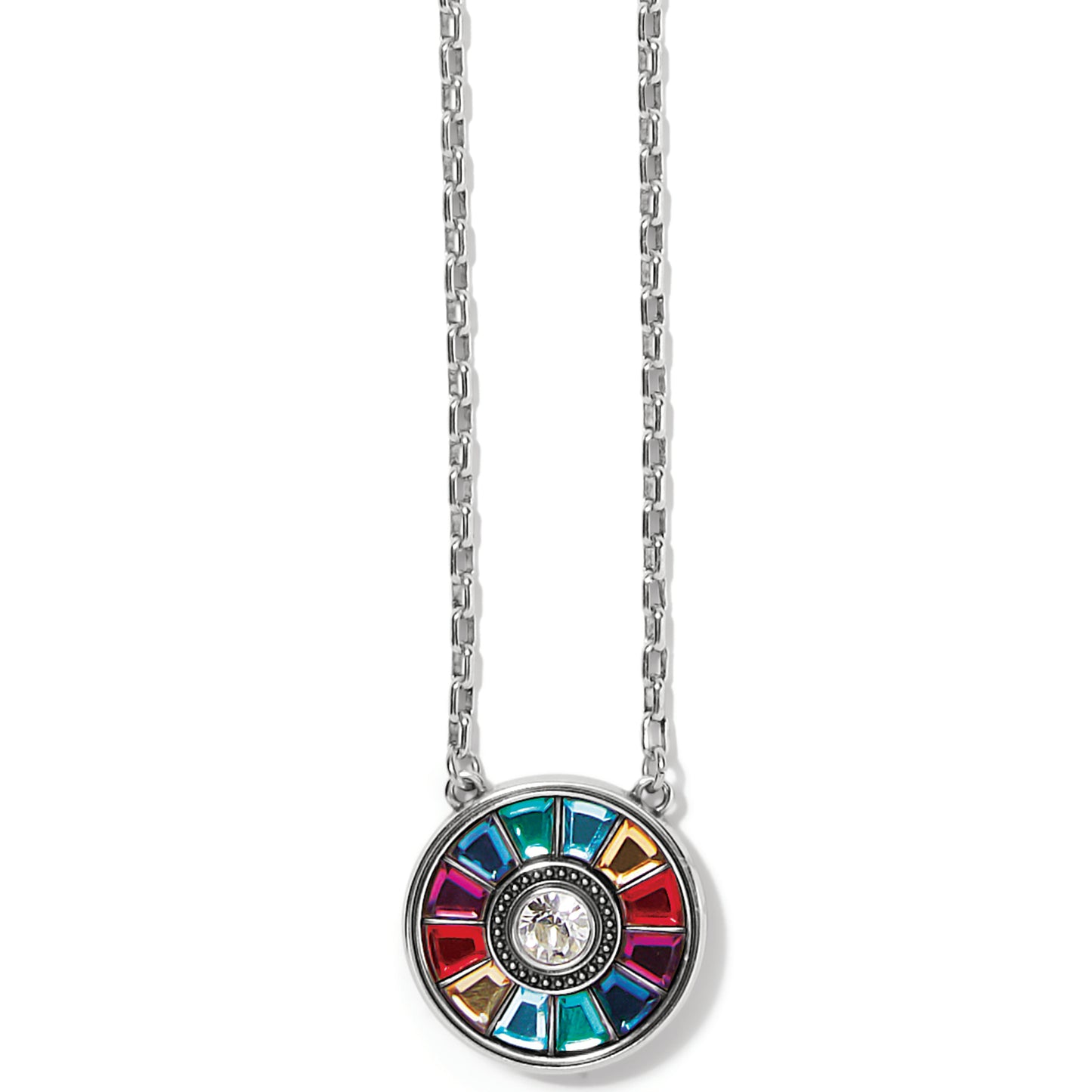 Brighton pendant necklace with multicolored crystals surrounding a central crystal and silver-plated chain on a white background