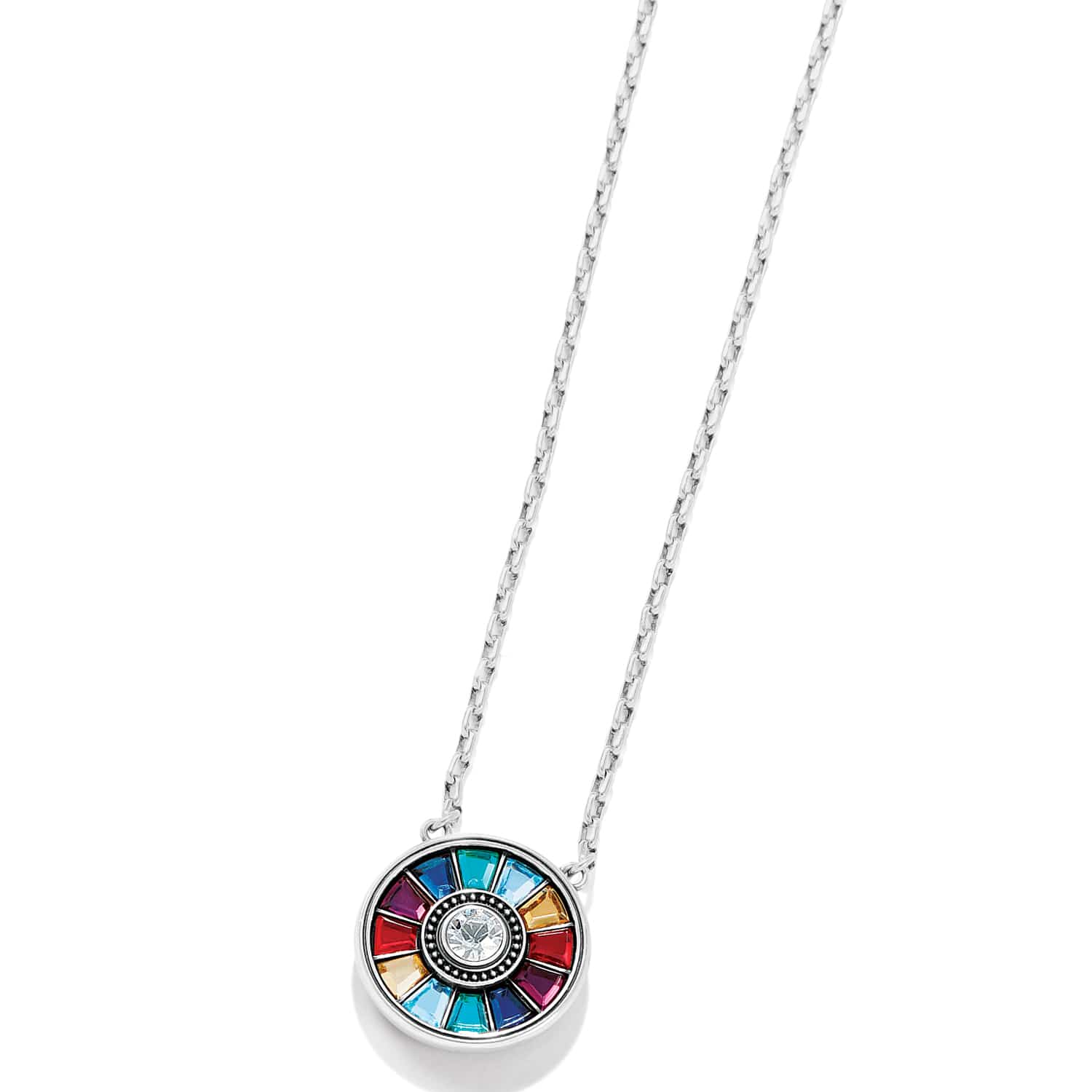 Brighton pendant necklace with silver-plated round medallion and multicolor crystals surrounding a center crystal on a white background