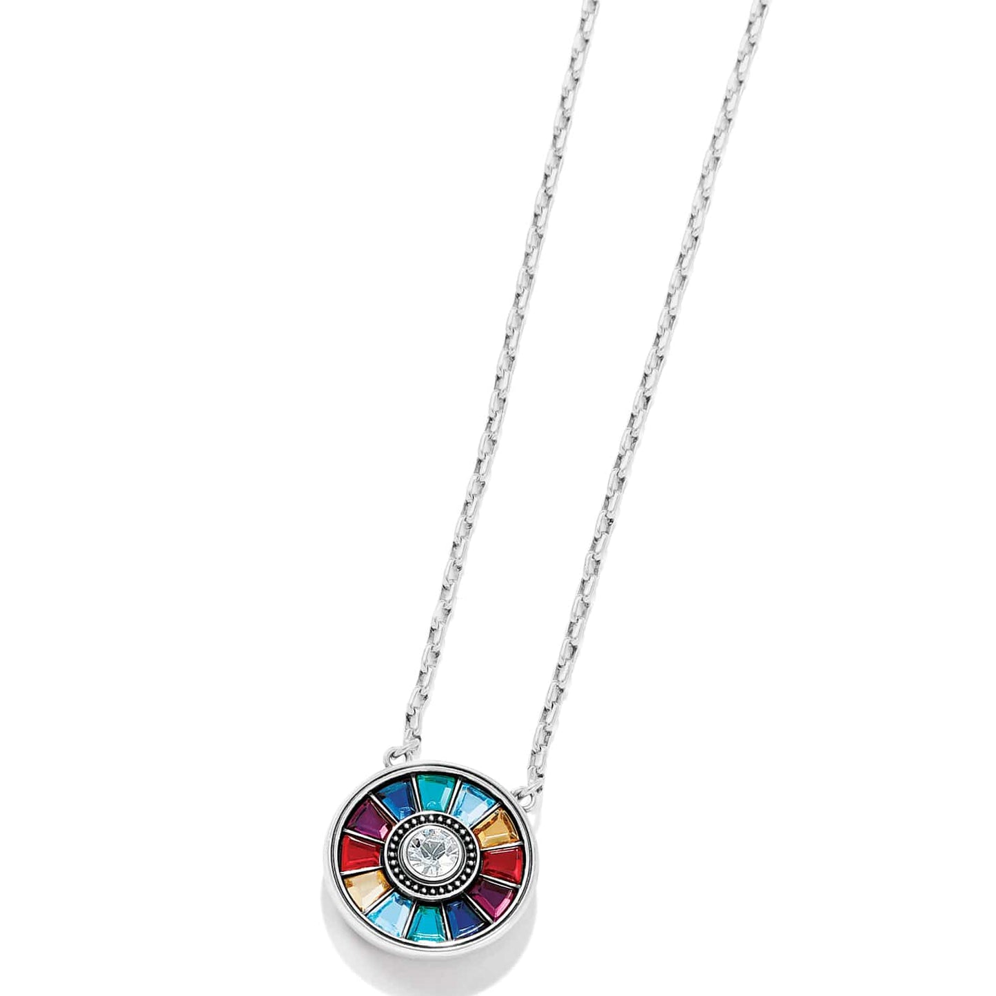 Brighton pendant necklace with silver-plated round medallion and multicolor crystals surrounding a center crystal on a white background