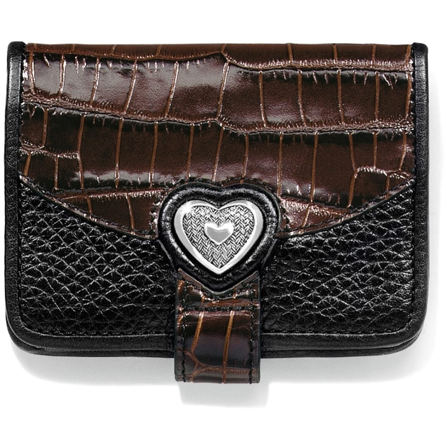 Brighton wallet with brown croc-embossed flap, black textured leather body, and silver-tone heart medallion closure on a white background