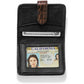 Brighton wallet shown open with black leather interior, brown croc-embossed strap, card slots, and ID window on a white background