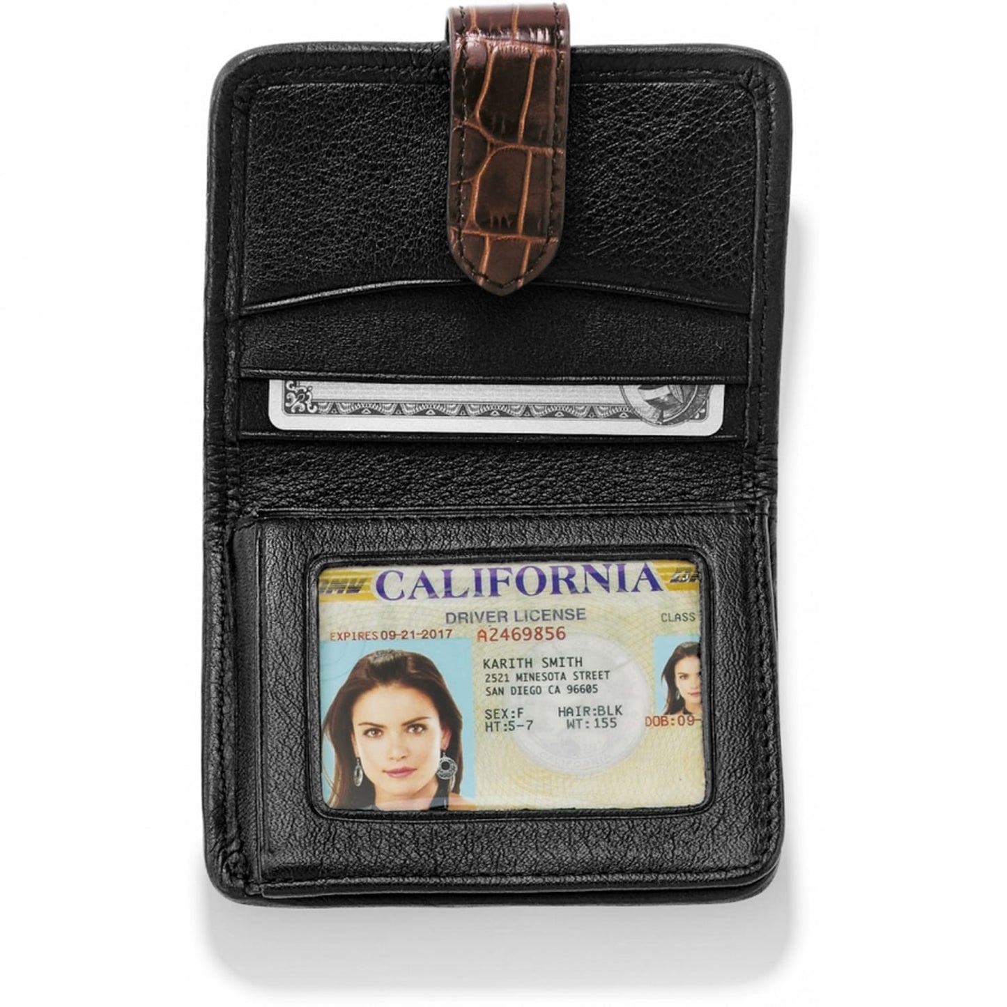 Brighton wallet shown open with black leather interior, brown croc-embossed strap, card slots, and ID window on a white background