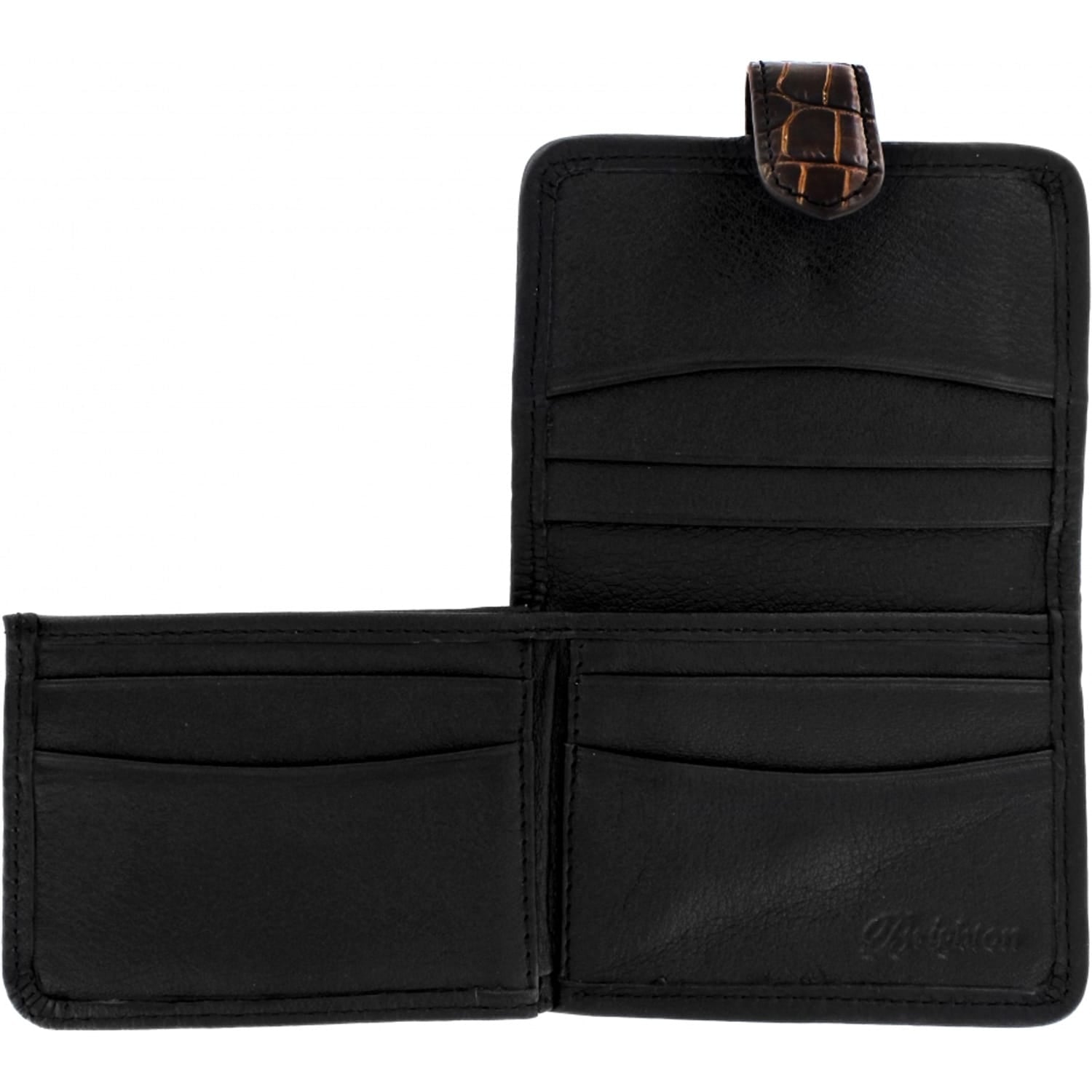 Brighton bifold wallet shown open with black leather interior, multiple card slots, and brown croc-embossed tab closure on a white background