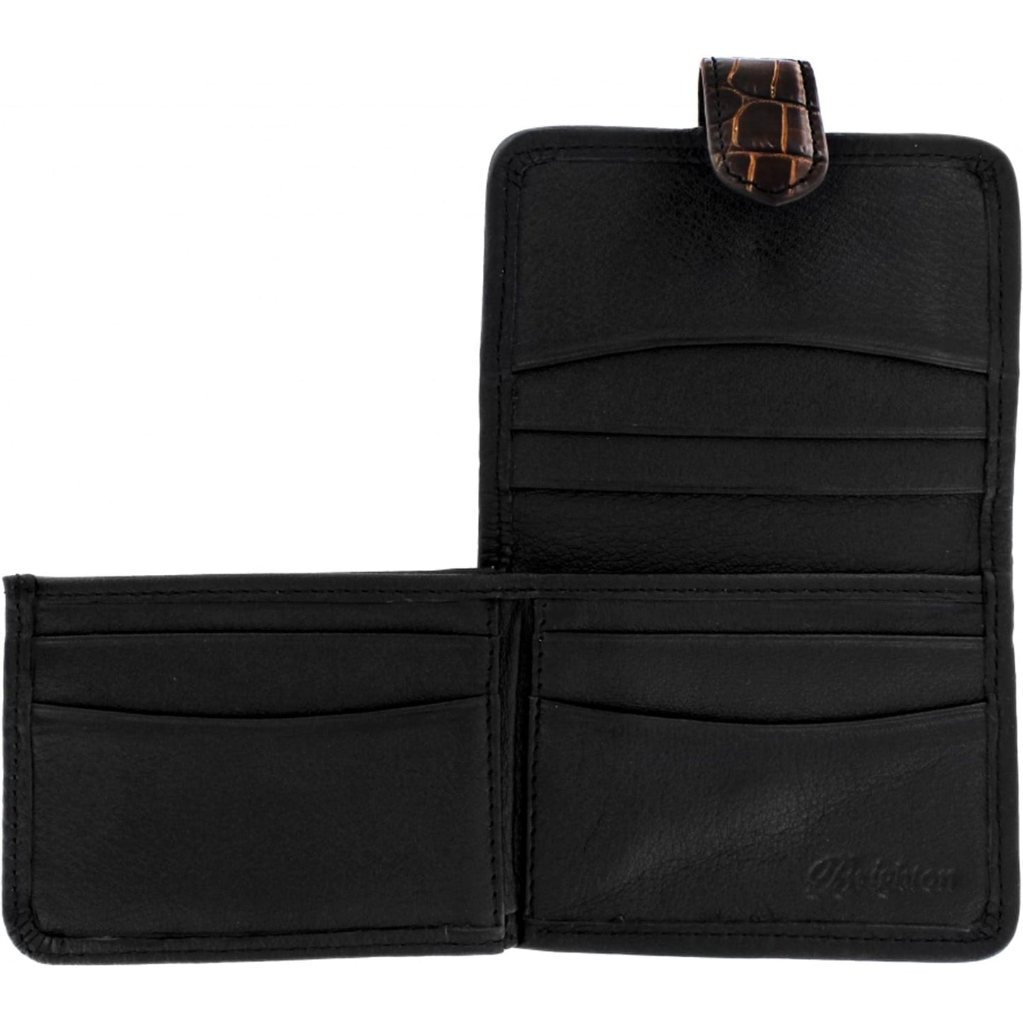 Brighton bifold wallet shown open with black leather interior, multiple card slots, and brown croc-embossed tab closure on a white background