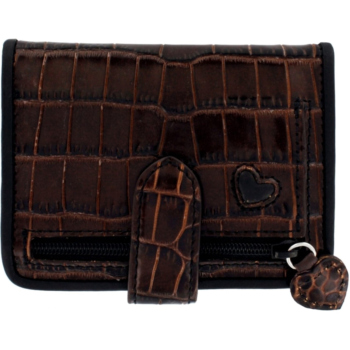 Brighton bifold wallet in brown croc-embossed leather with heart accent, tab closure, and heart charm on a white background