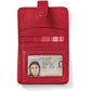Brighton red leather wallet shown open with card slots, ID window, and snap closure tab on a white background