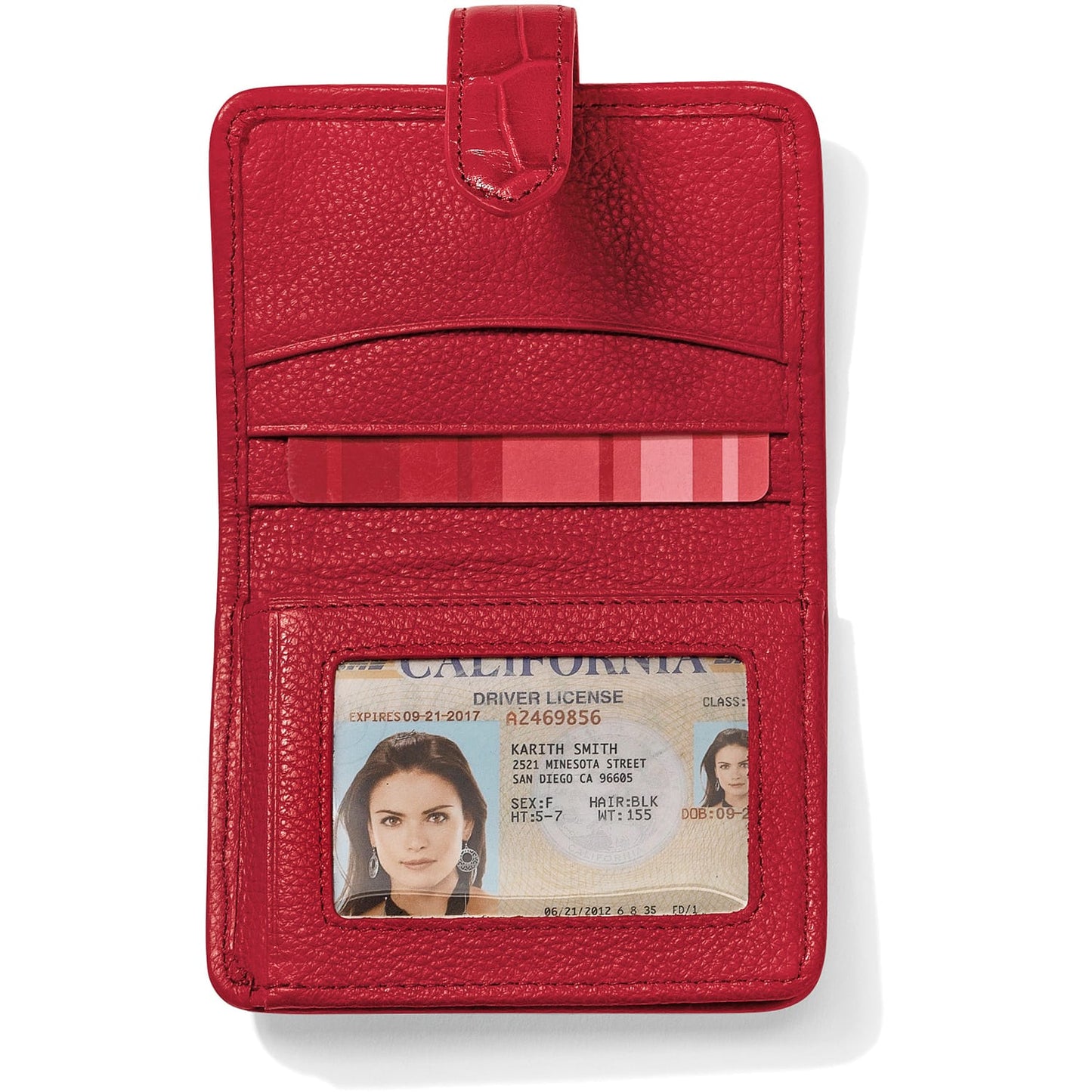 Brighton red leather wallet shown open with card slots, ID window, and snap closure tab on a white background