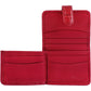 Brighton red leather bifold wallet shown open with card slots, billfold compartment, and tab closure on a white background