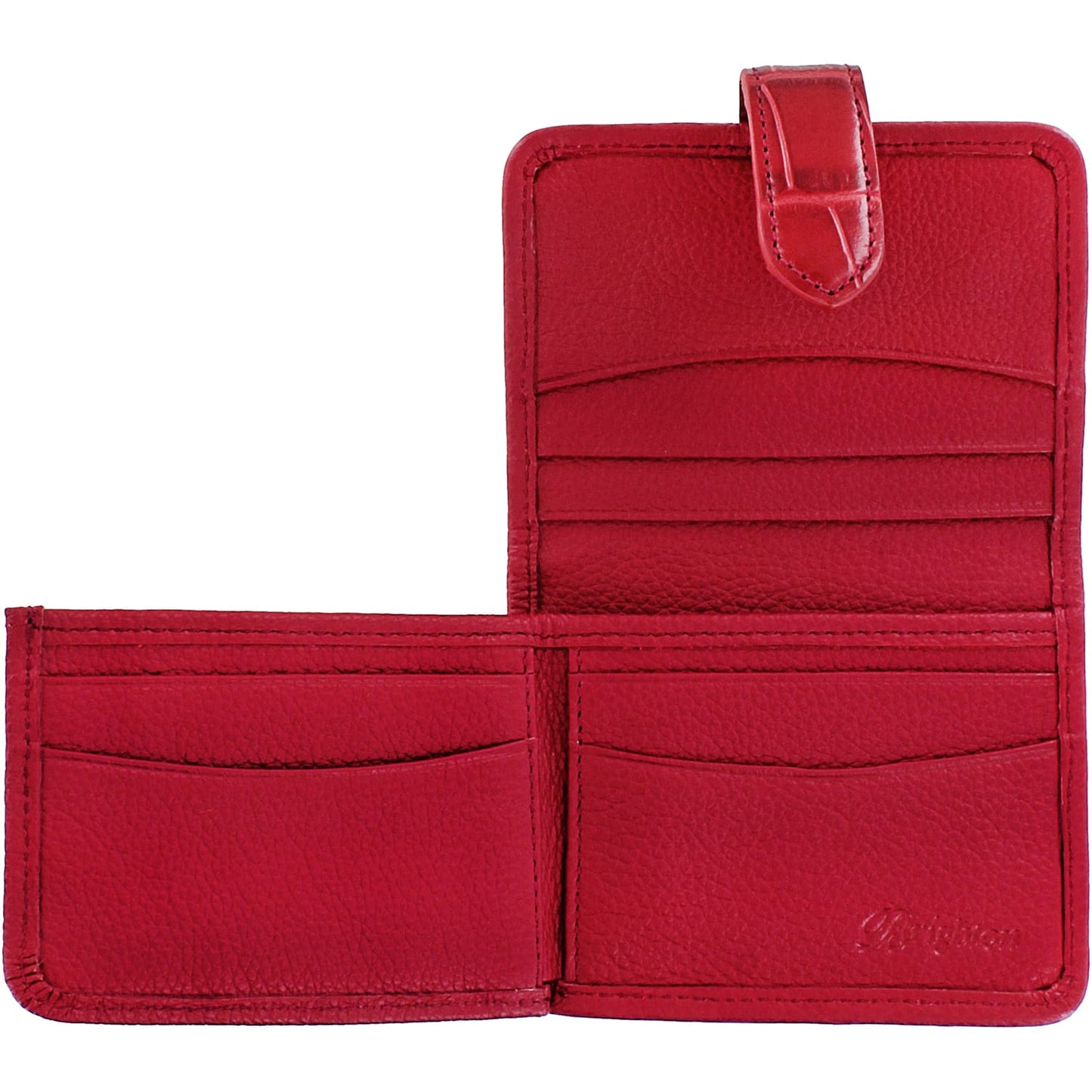 Brighton red leather bifold wallet shown open with card slots, billfold compartment, and tab closure on a white background