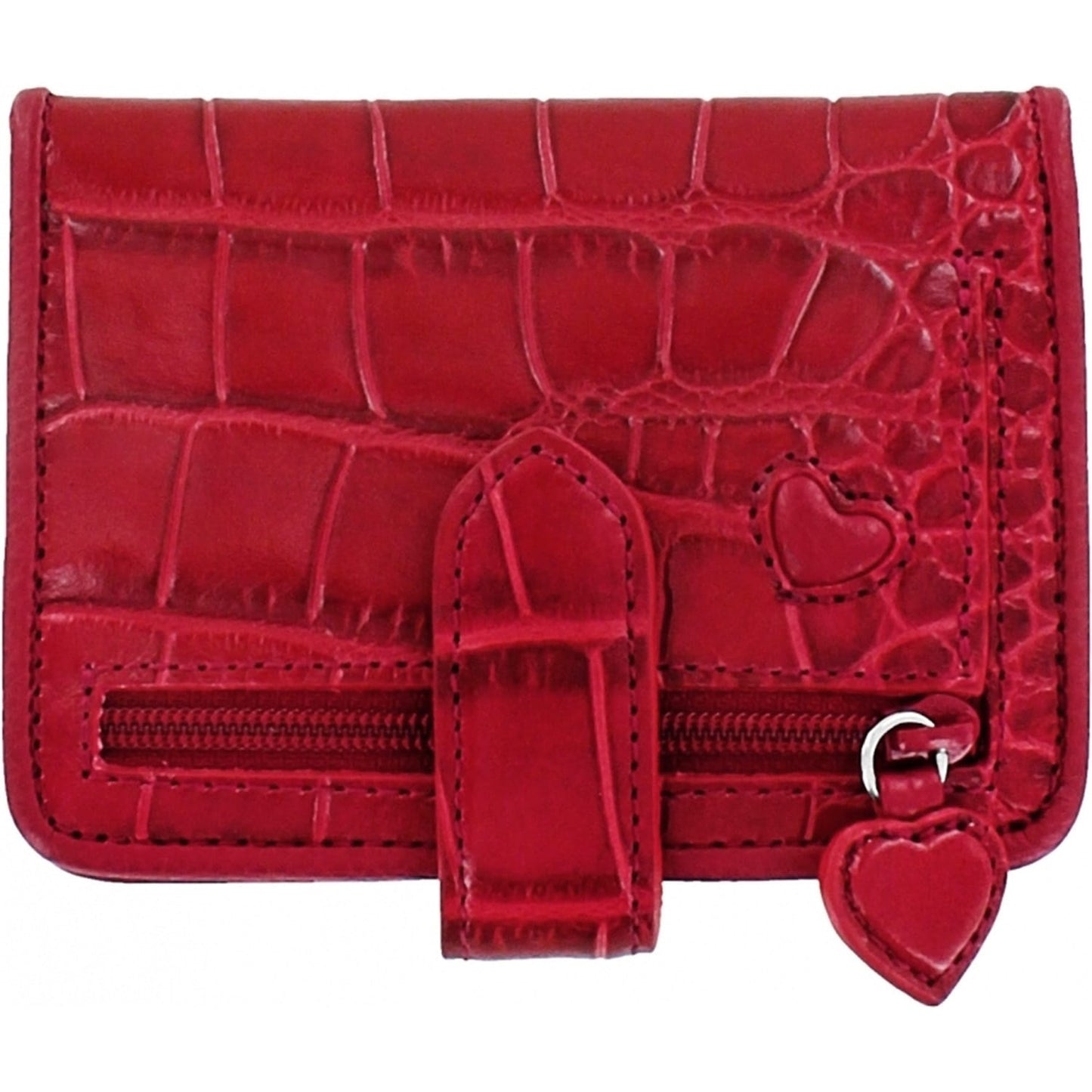 Brighton red croc-embossed leather wallet with heart accent, tab closure, and zippered pocket on a white background