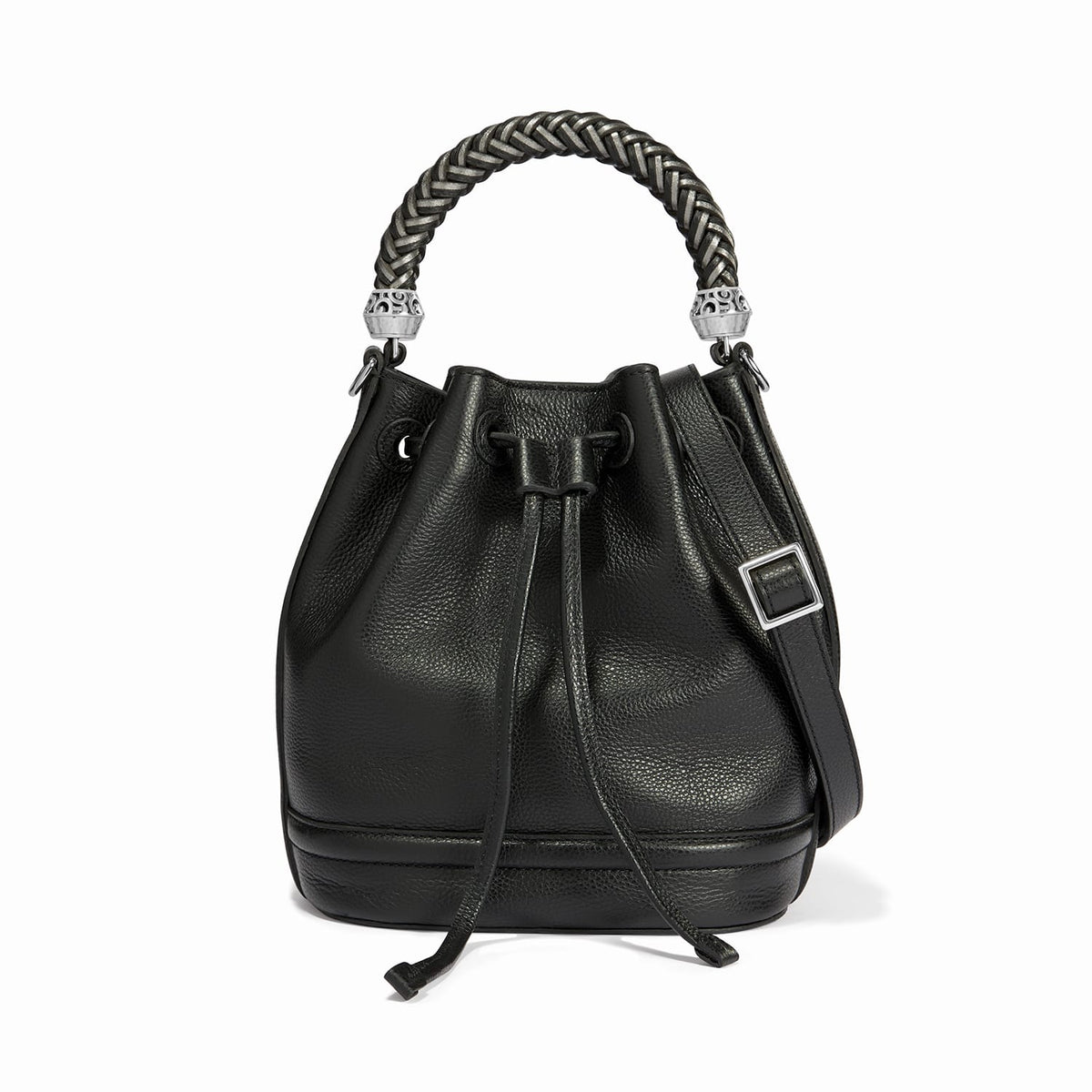 Brighton black leather bucket handbag with braided top handle, drawstring closure, and adjustable strap on a white background