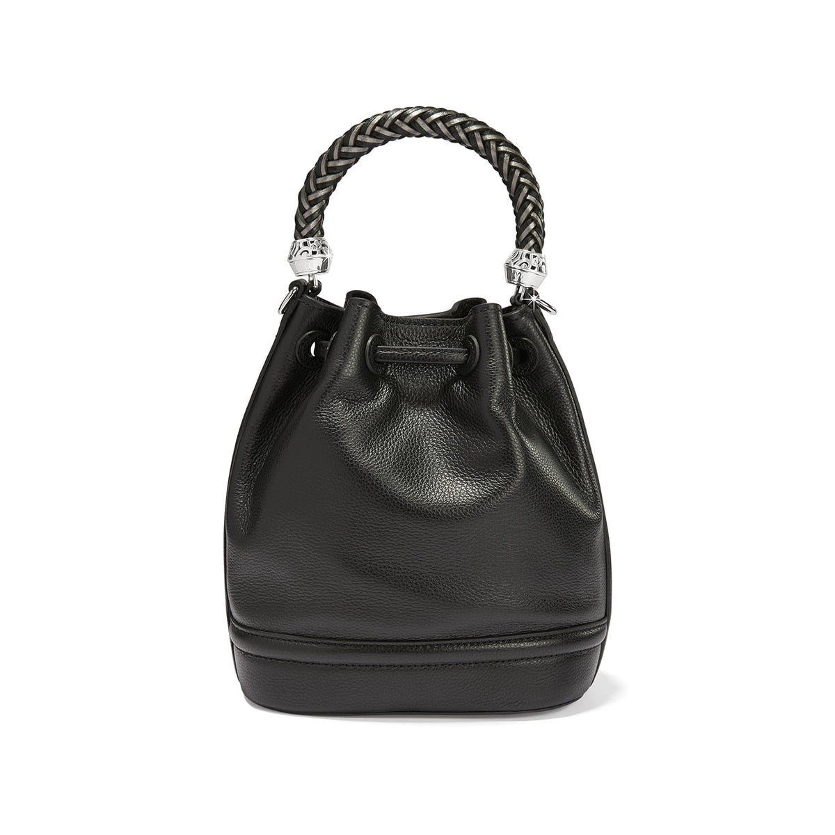 Brighton black leather bucket handbag with drawstring closure and braided silver-tone top handle on a white background