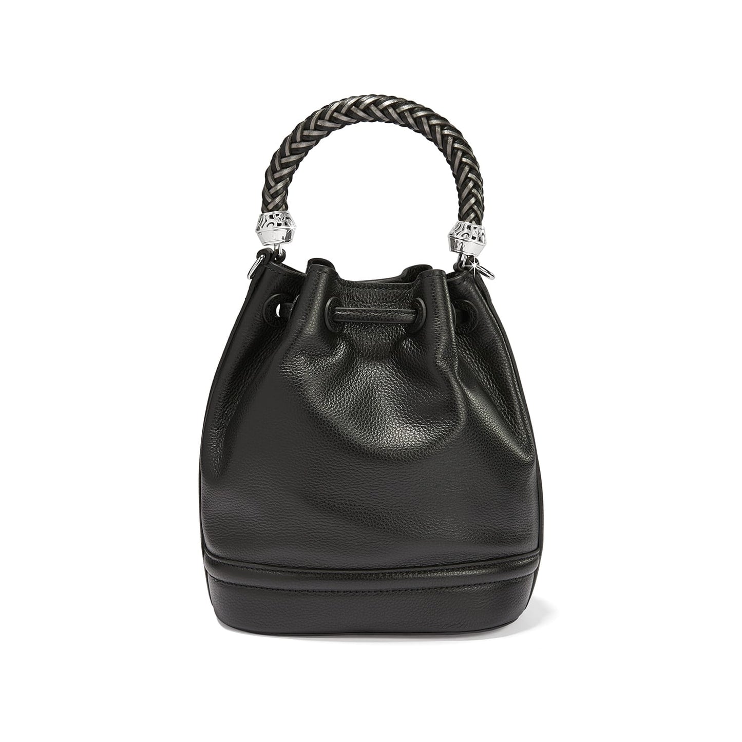 Brighton black leather bucket handbag with drawstring closure and braided silver-tone top handle on a white background